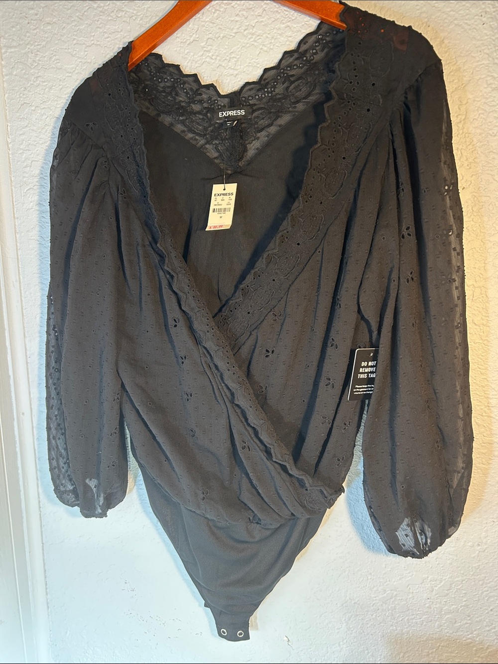 Express Black Lace-Trim Surplice Bodysuit